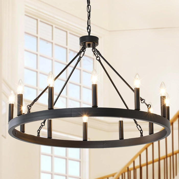 32" Wagon Wheel Light Fixture 12-Light Black Round Entryway Chandeliers