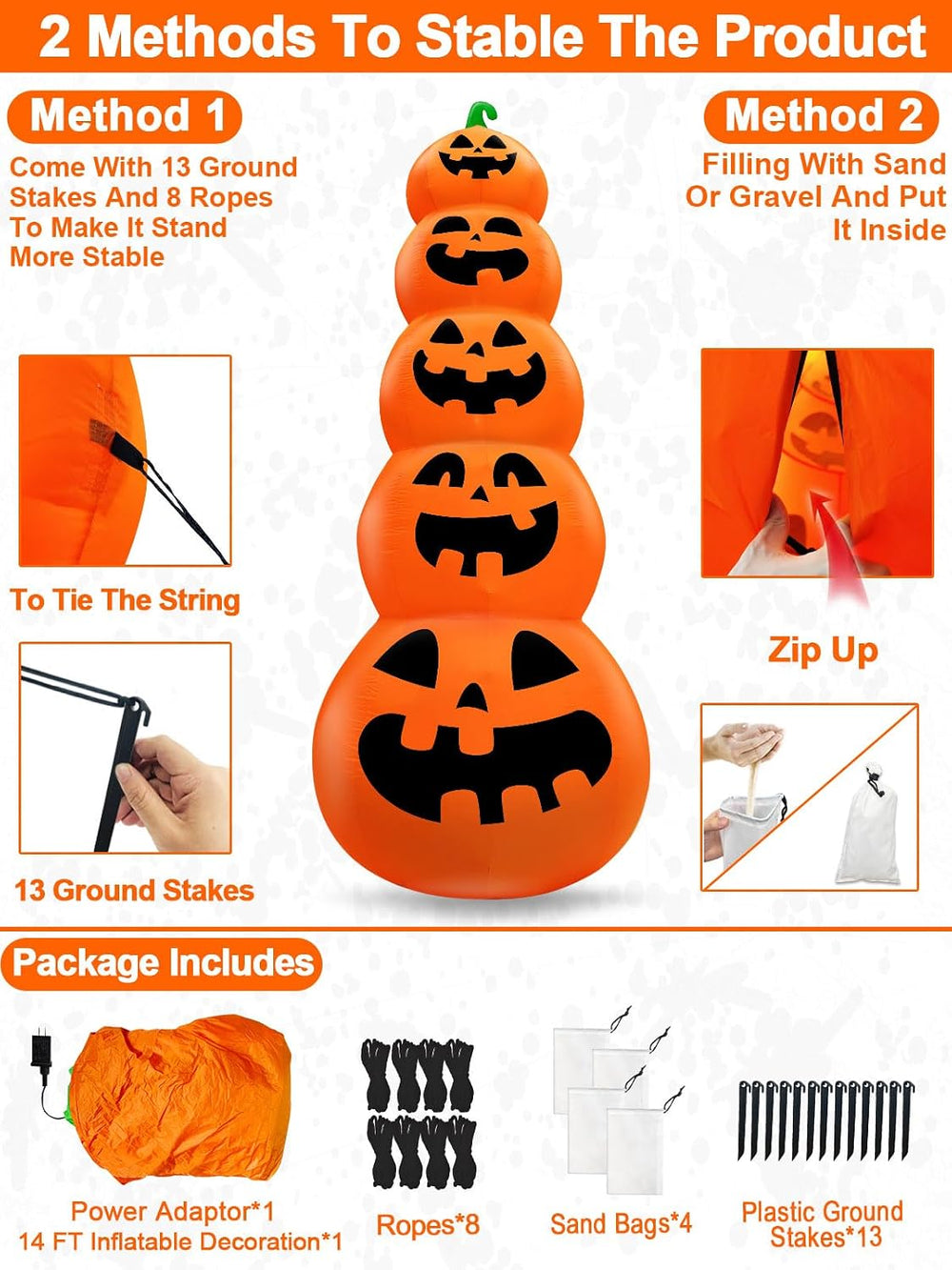 14 FT Giant Halloween Inflatable Stacked Pumpkins Outdoor Decoration