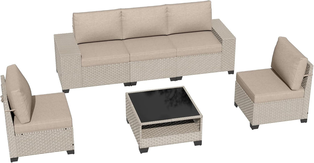 6-Piece Outdoor Patio Furniture Set, Modular Sectional Sofa Set with Glass Co...