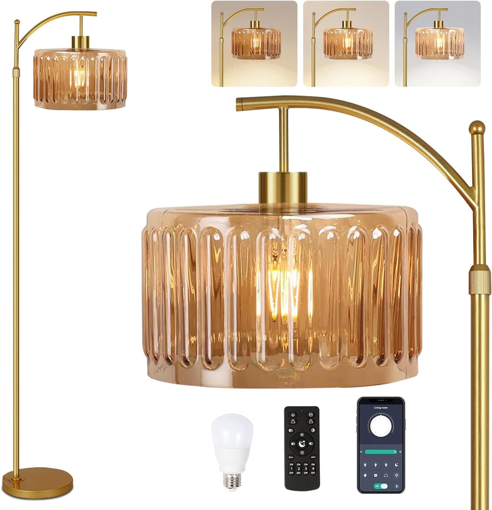 QIYIZM Glass Floor Lamp for Living Room,Bedroom,Gold Dimmable Standing Lamp w...