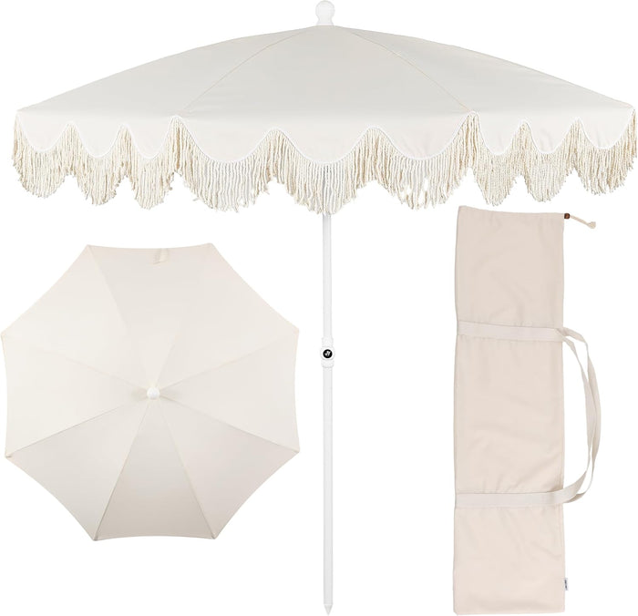 JONATHAN Y UMB1003 Mariner 6.5 ft. Cottage Fringe Tassel Market Beach Umbrella with Push Button Tilt, Wind Vent and UV Protection, and Matching Carry Bag