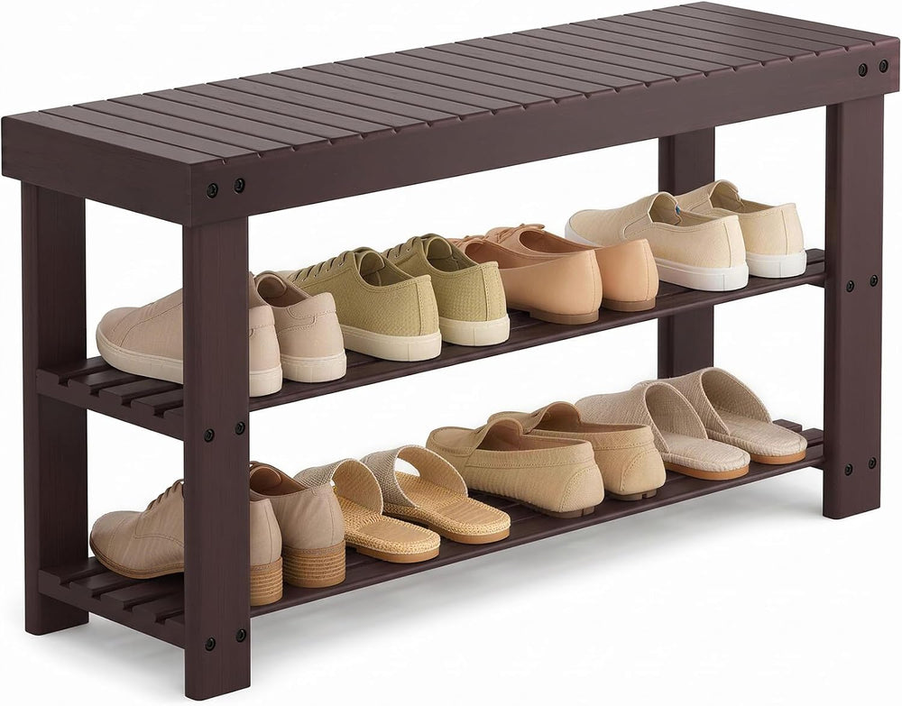 NEWBULIG Shoe Rack Bench, 3-Tier Bamboo Shoe Organizer, Wooden Entryway Stora...