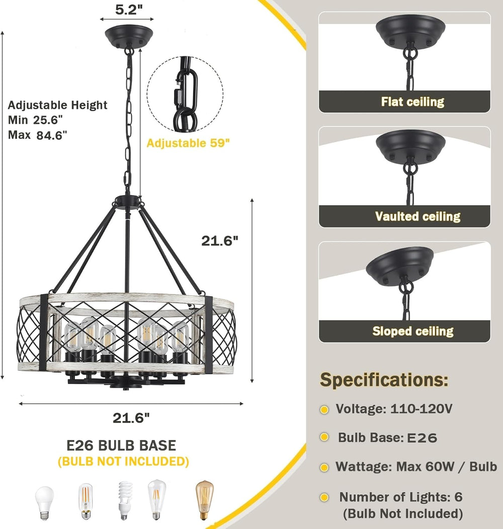 21.6” White Farmhouse Chandelier, 6-Light Wood Grain Finish Chandelier
