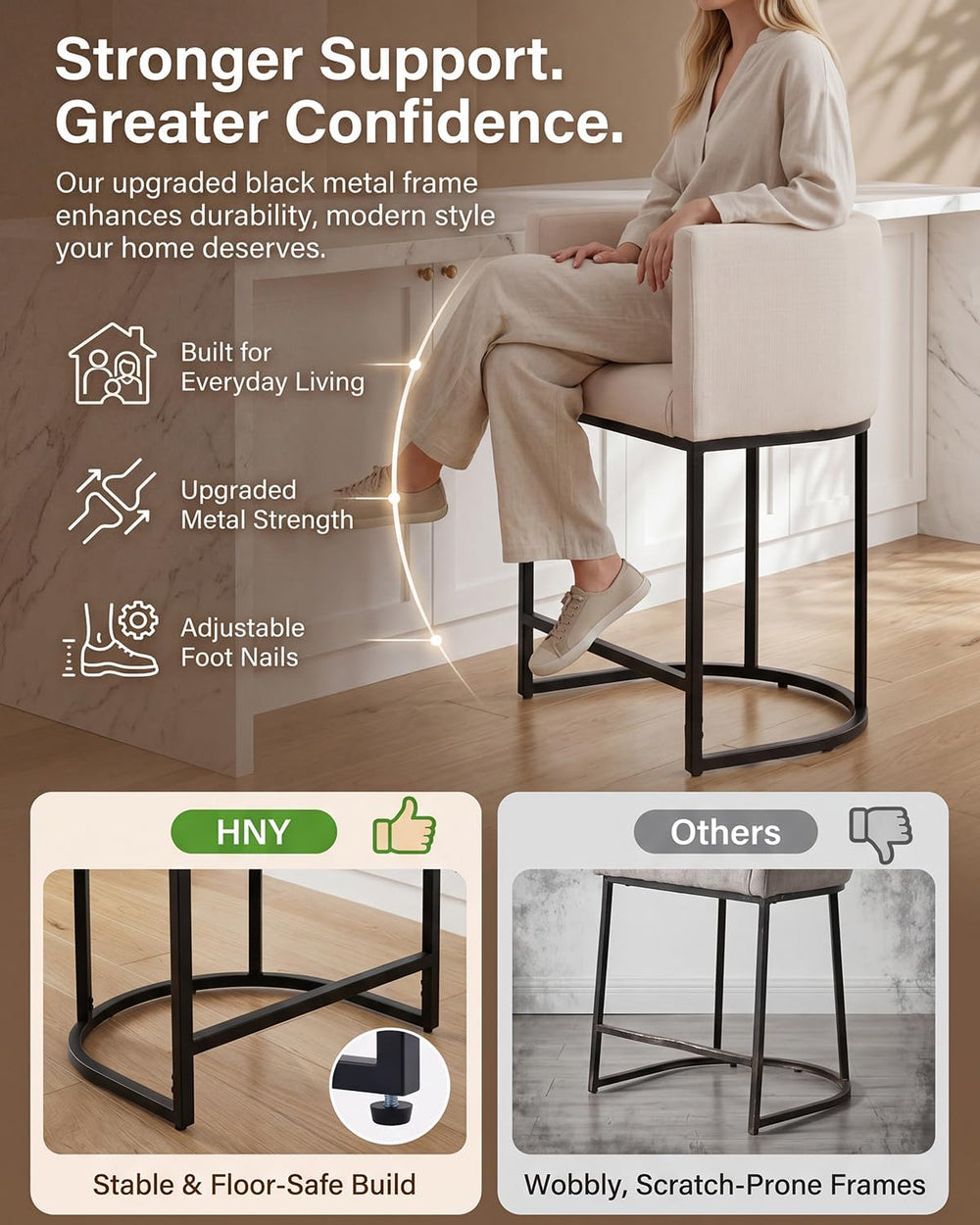 HNY Modern Counter Height Bar Stools Set of 4, 24" Linen Counter Stools ...