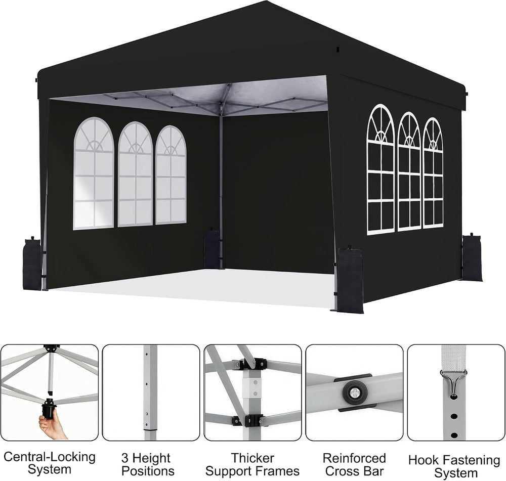 10x10 Pop Up Canopy Tent with Sidewall, Commercial, Black