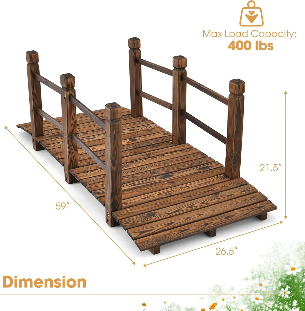 Tangkula 5 FT Wooden Garden Bridge, Arch Stained Finish Footbridge with Doubl...