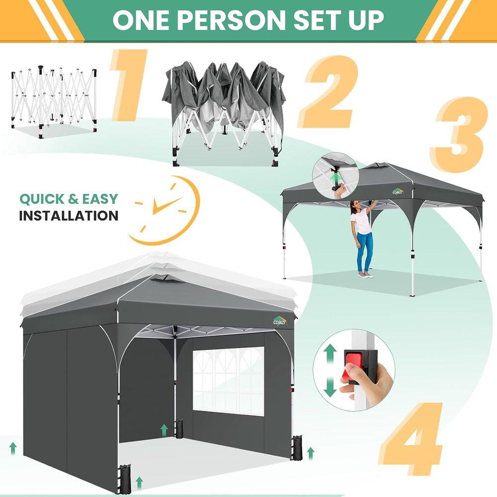 COBIZI 10x10 Pop Up Canopy with 3 Sidewalls, 1-Person Setup, Waterproof