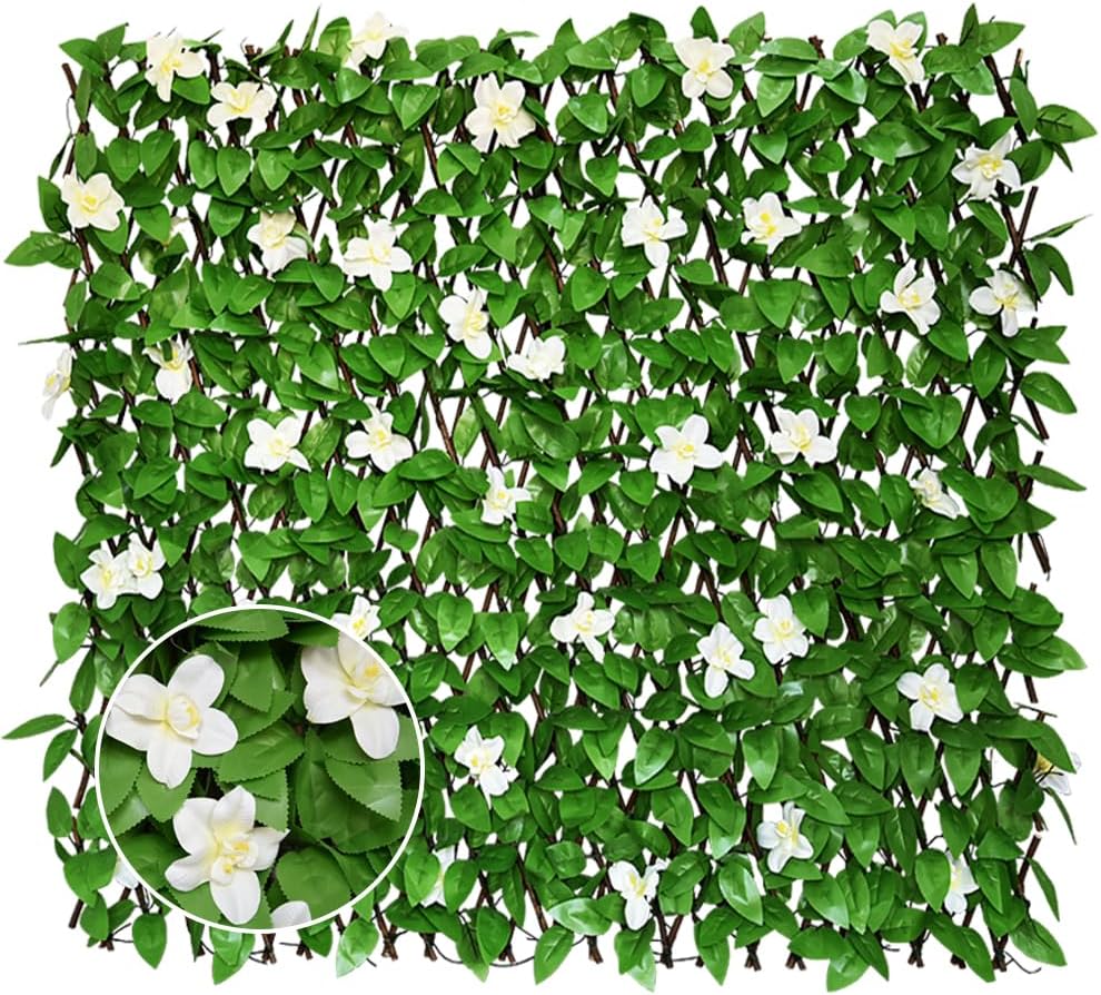 Expandable Privacy Screen with Artificial Flower for Balcony Patio Fence Gree...