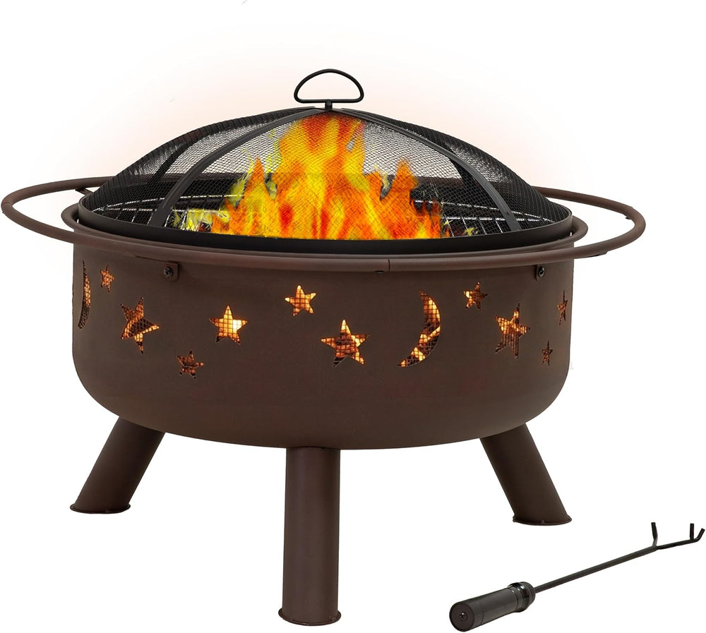 Sunnydaze Cosmic 30" Outdoor Wood Fire Pit with Grill Grate, Steel, Bronze
