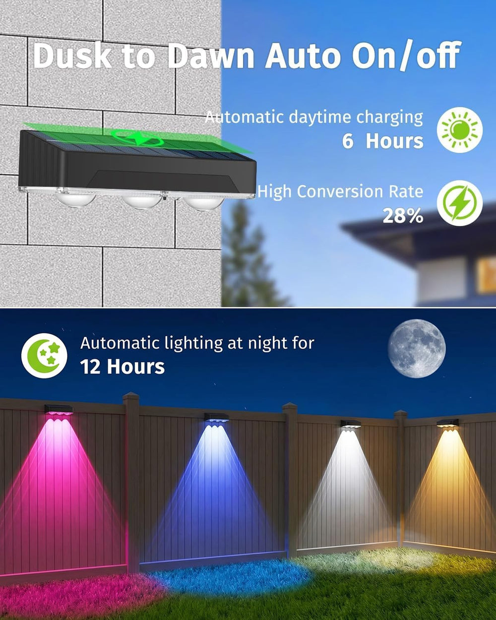 Solar Fence Lights Outdoor 8 Pack Waterproof Upgraded Brightness 3 LED Lens S...