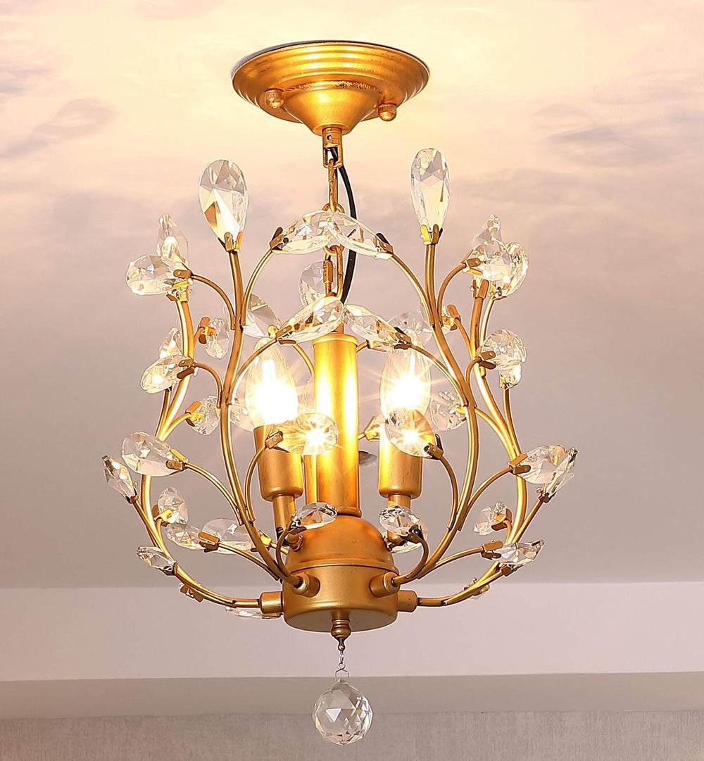 Garwarm 3-Light Gold Crystal Chandelier, Small Chandelier Pendant Light