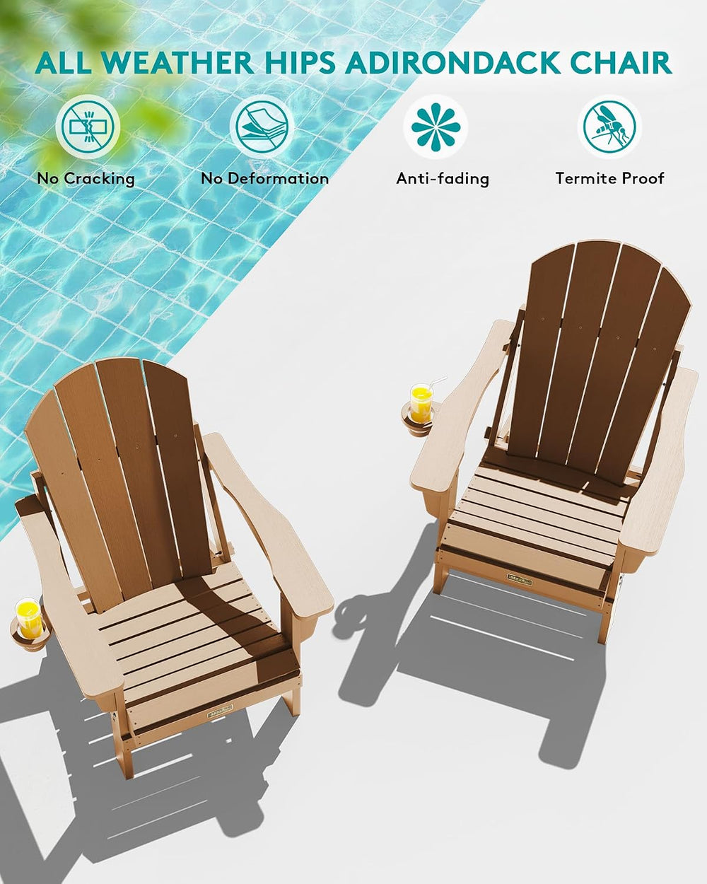 SERWALL Folding Adirondack Chair Set of 2, Cup Holder, Wood Texture -Brown