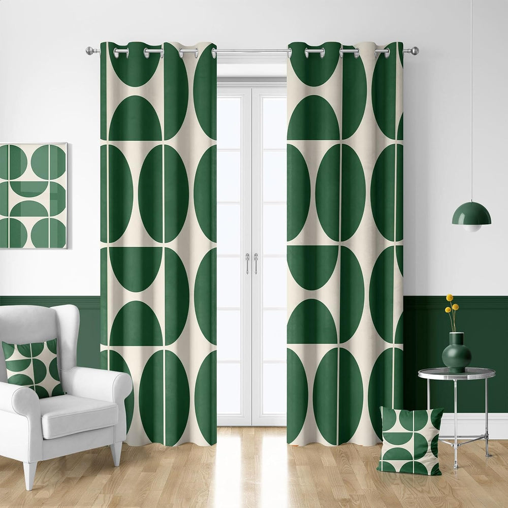 Green and Beige Modern Geometric Blackout Curtains, Mid Century Retro Abstrac...