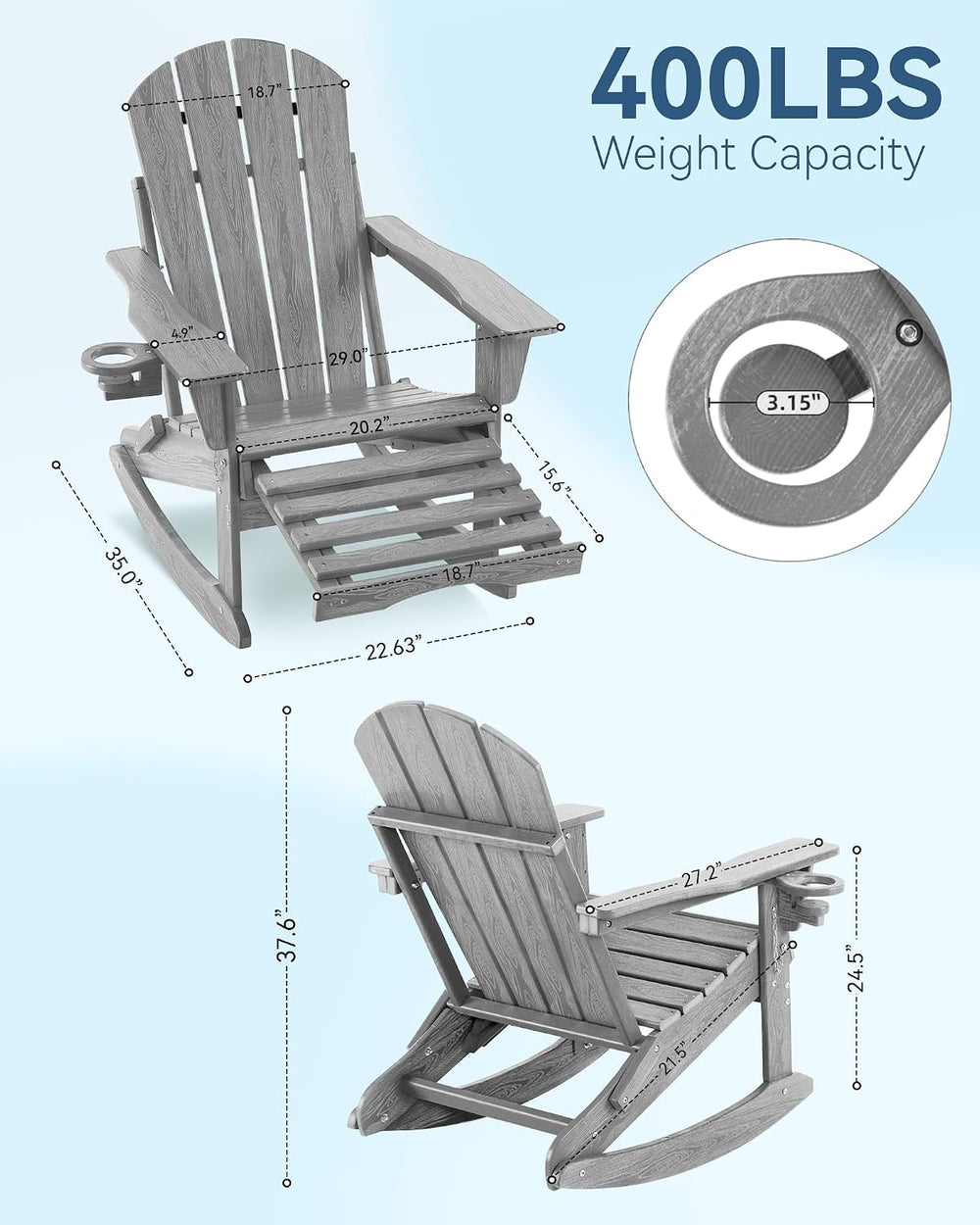 Folding Adirondack Rocking Chair with Footrest, HDPE Adirondack 4-in-1 Multif...