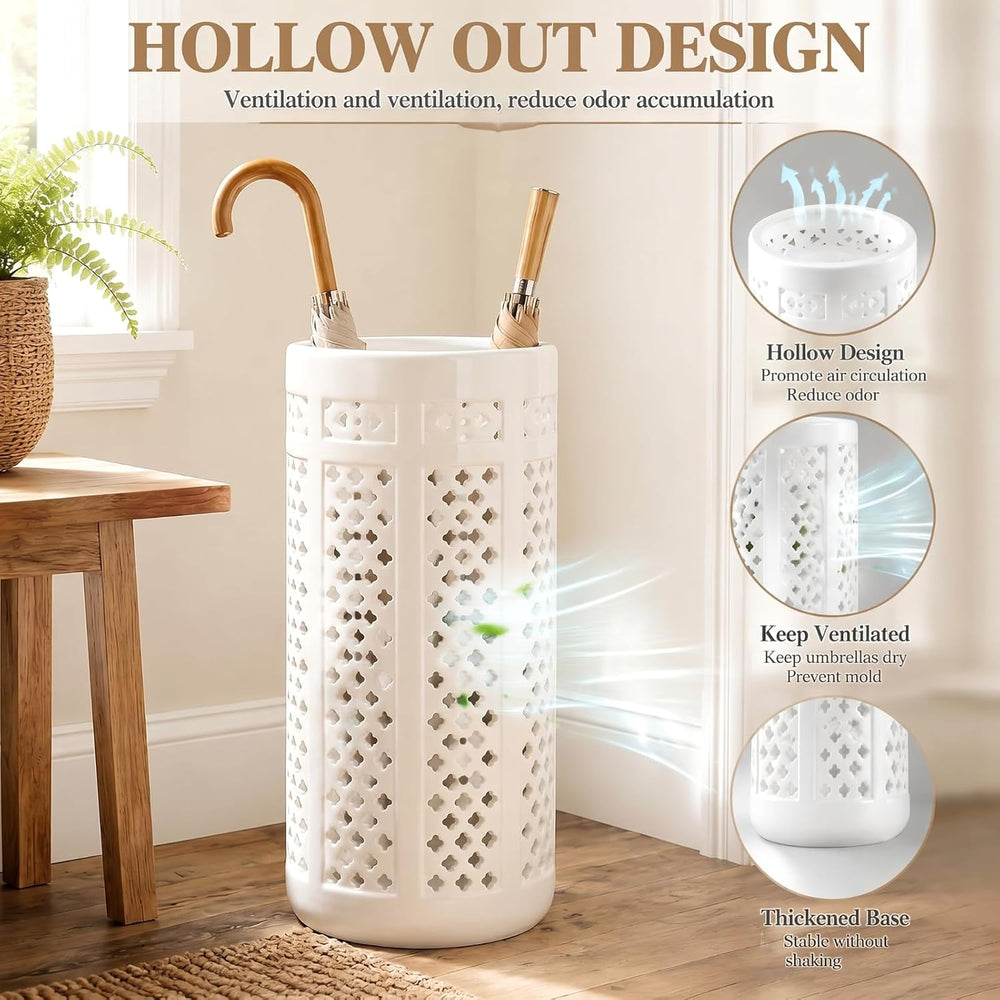 Sawysine White Ceramic Umbrella Stand with Hollow-out Design Heavy Porcelain ...