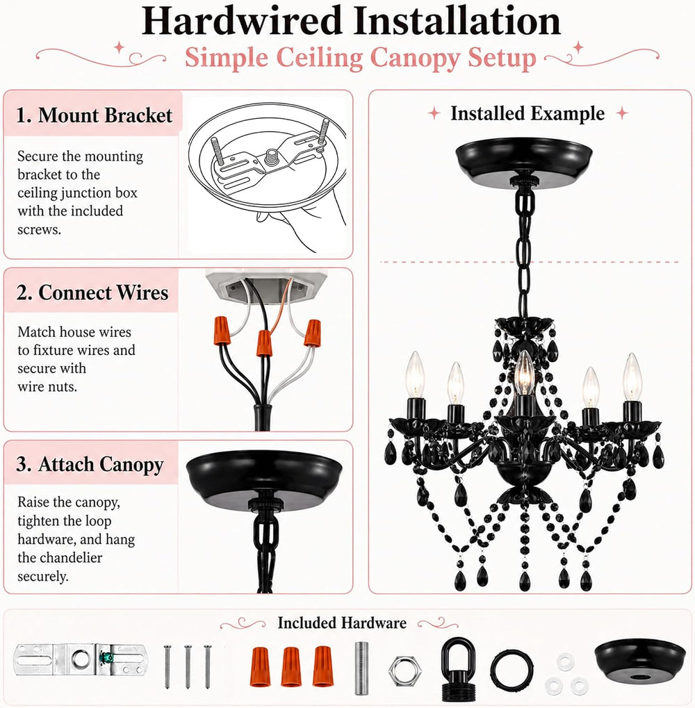 Small Black Crystal Chandelier, 5-Light for Bedroom