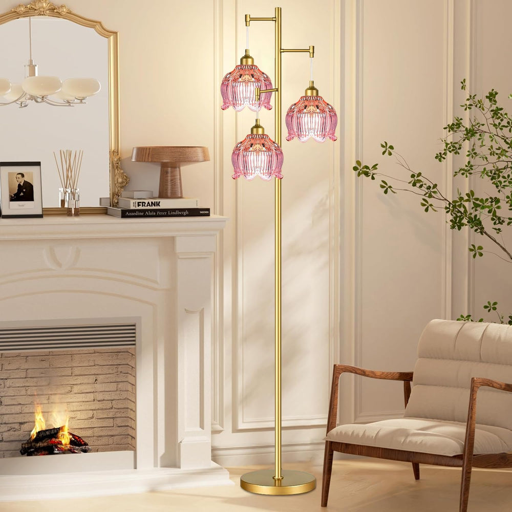 ILLMTW Glass Floor Lamp for Living Room,Bedroom,Gold Flower Mid Century Moder...