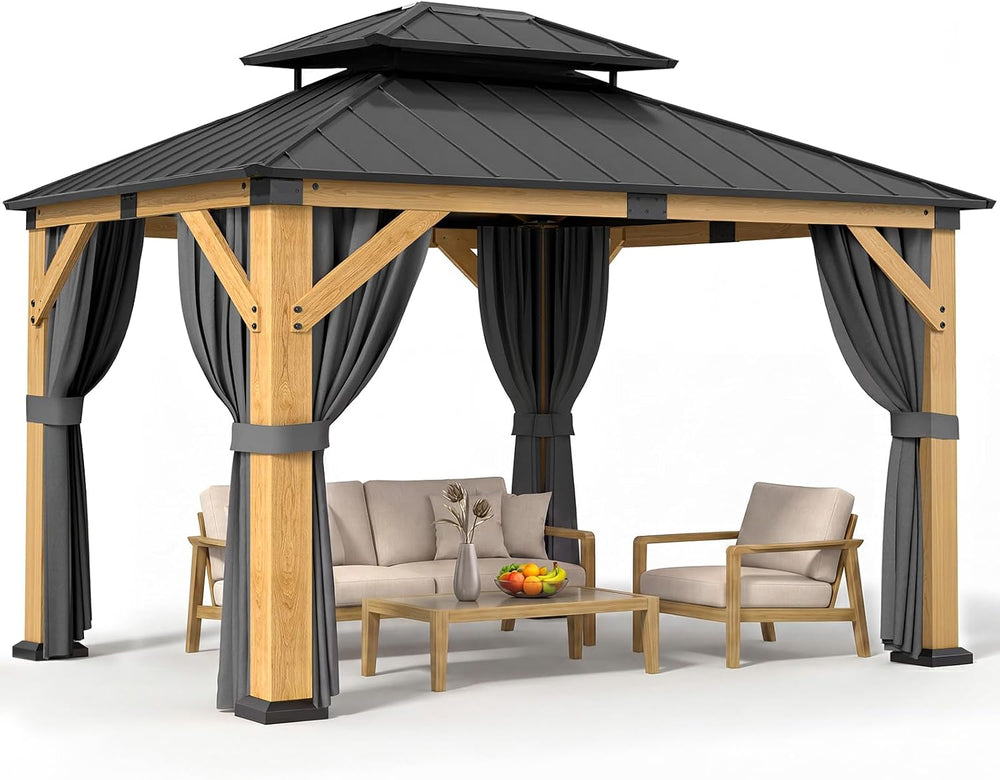 Jocoevol 10' X 12' Wood Gazebo Cedar Wooden Hardtop with Curtains &am...