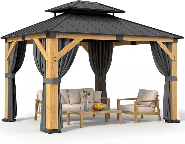 Jocoevol 10' X 12' Wood Gazebo Cedar Wooden Hardtop with Curtains & Netting