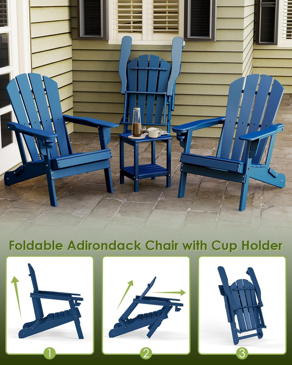 GREENVINES Folding Adirondack Chairs Set of 4 w/Cup Holder, HDPE, Blue
