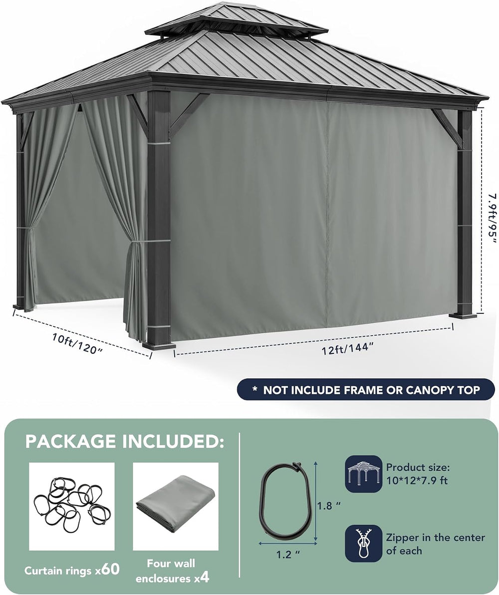 Patio Curtains Outdoor Waterproof with Zipper, 4-Panel, Grey