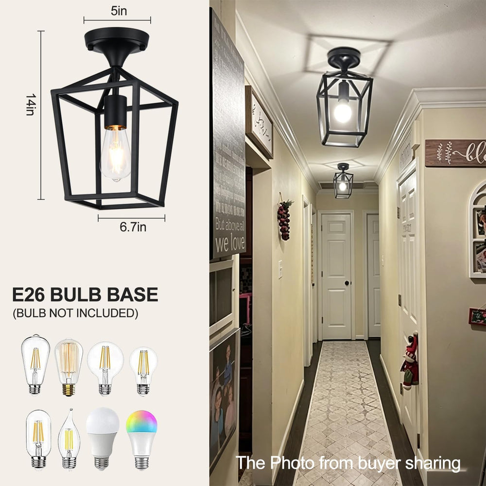 Flush Mount Ceiling Light Fixture, Matte Black Industrial Farmhouse Cage