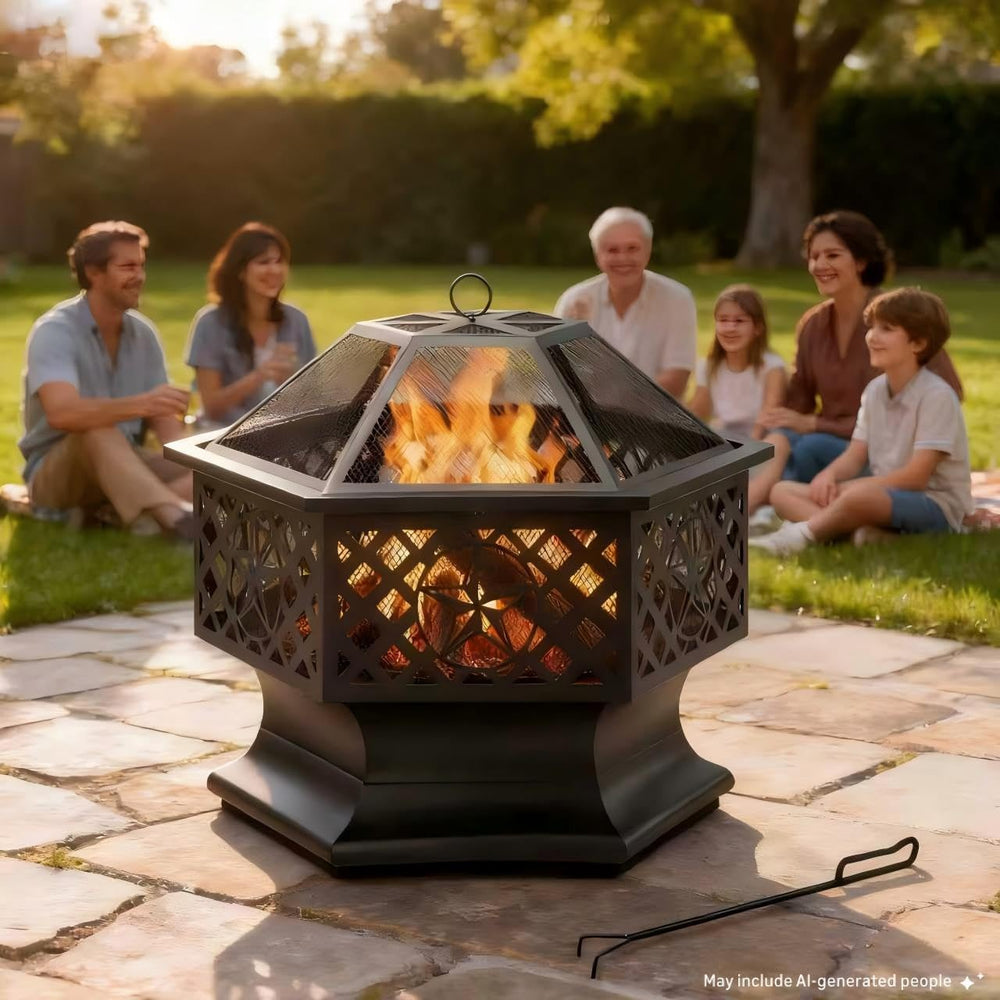 Panovue 28 Inch Hexagonal Fire Pit with Spark Screen&Fire Poker Black