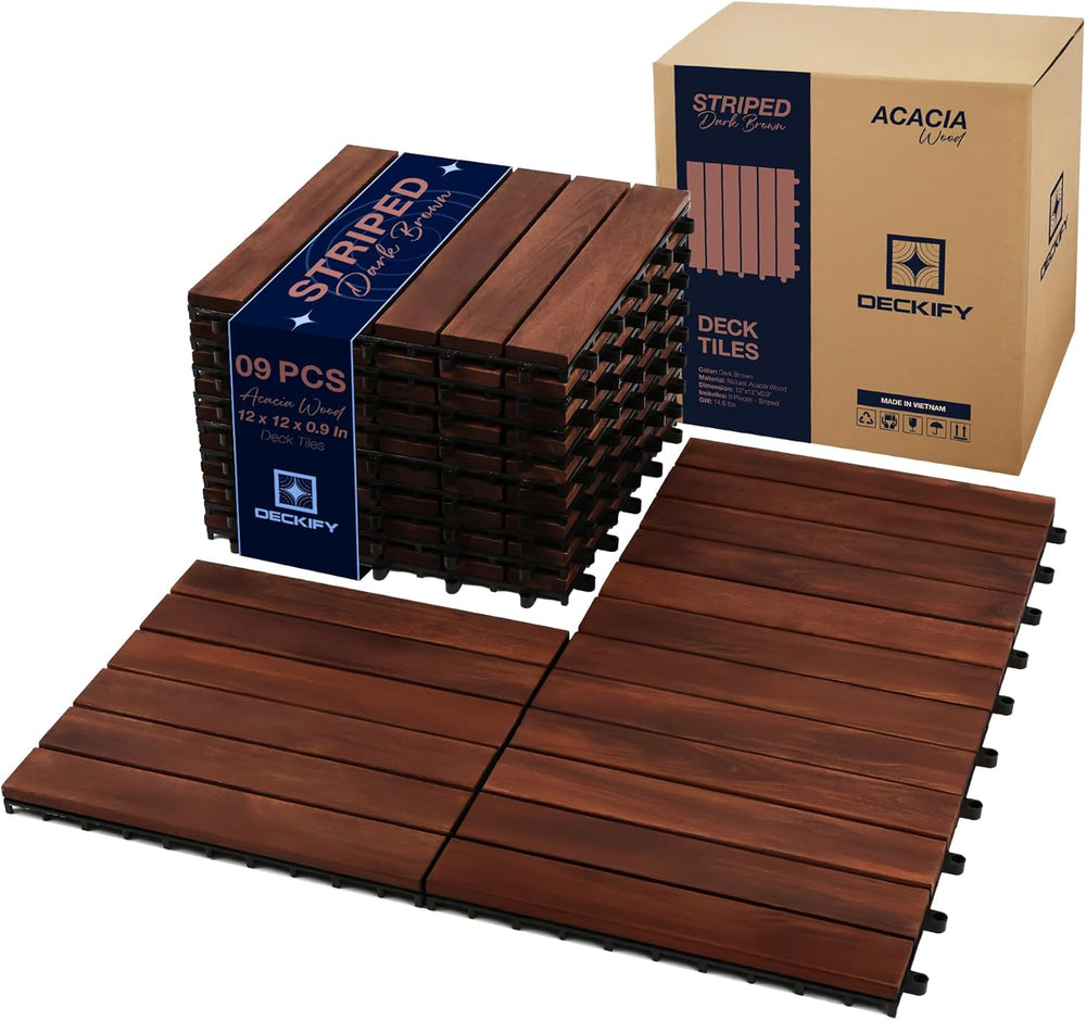 9-Piece Acacia Wood Interlocking Deck Tiles, Dark Brown Striped