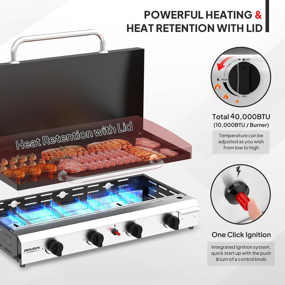 ROVSUN 4 Burner Portable Propane Griddle with Enameled Tray & Lid, 40000 ...