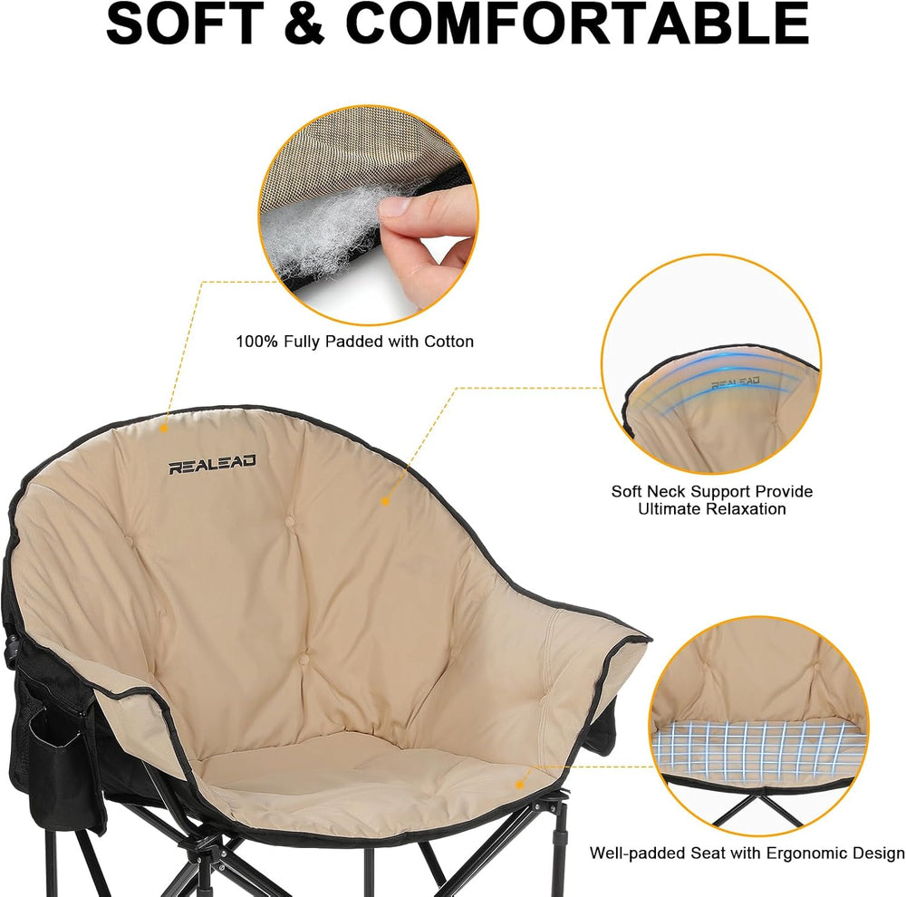 REALEAD Oversized Camping Chairs Padded Heavy Duty Folding Support 400LBS