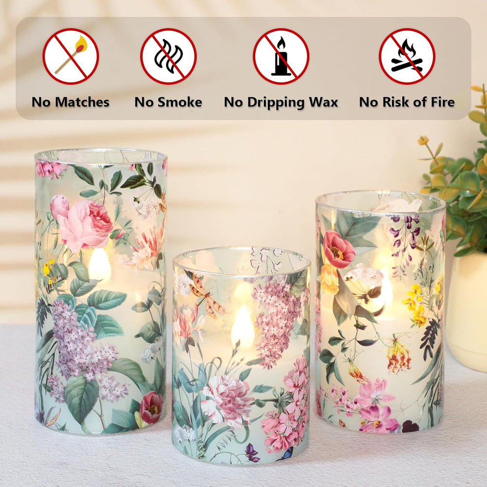 Glass Flameless Candles with Remote Timer Floral Battery Operated LED Flicker...