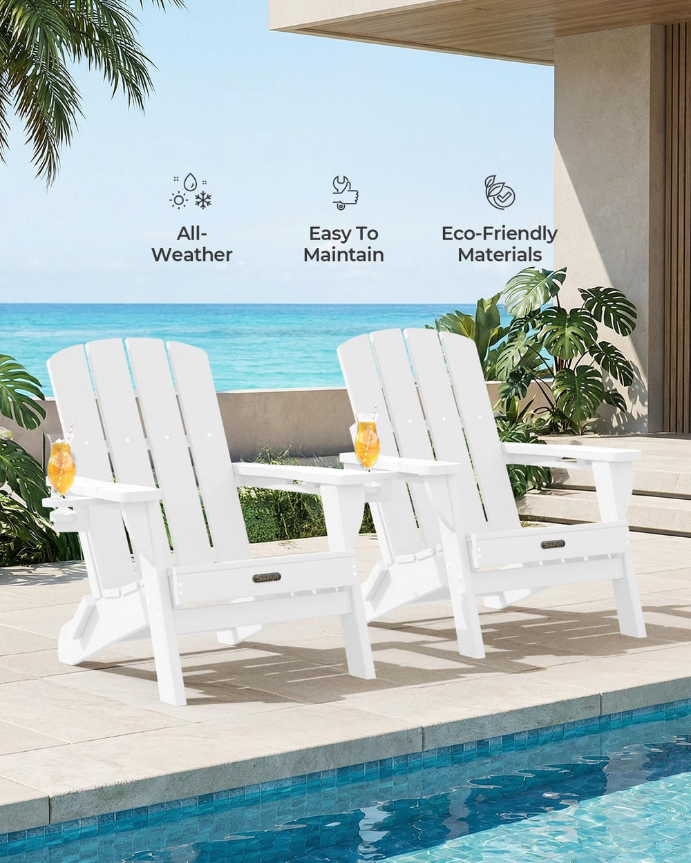 Folding Adirondack Chair, HDPE, 2 Cup Holders, White