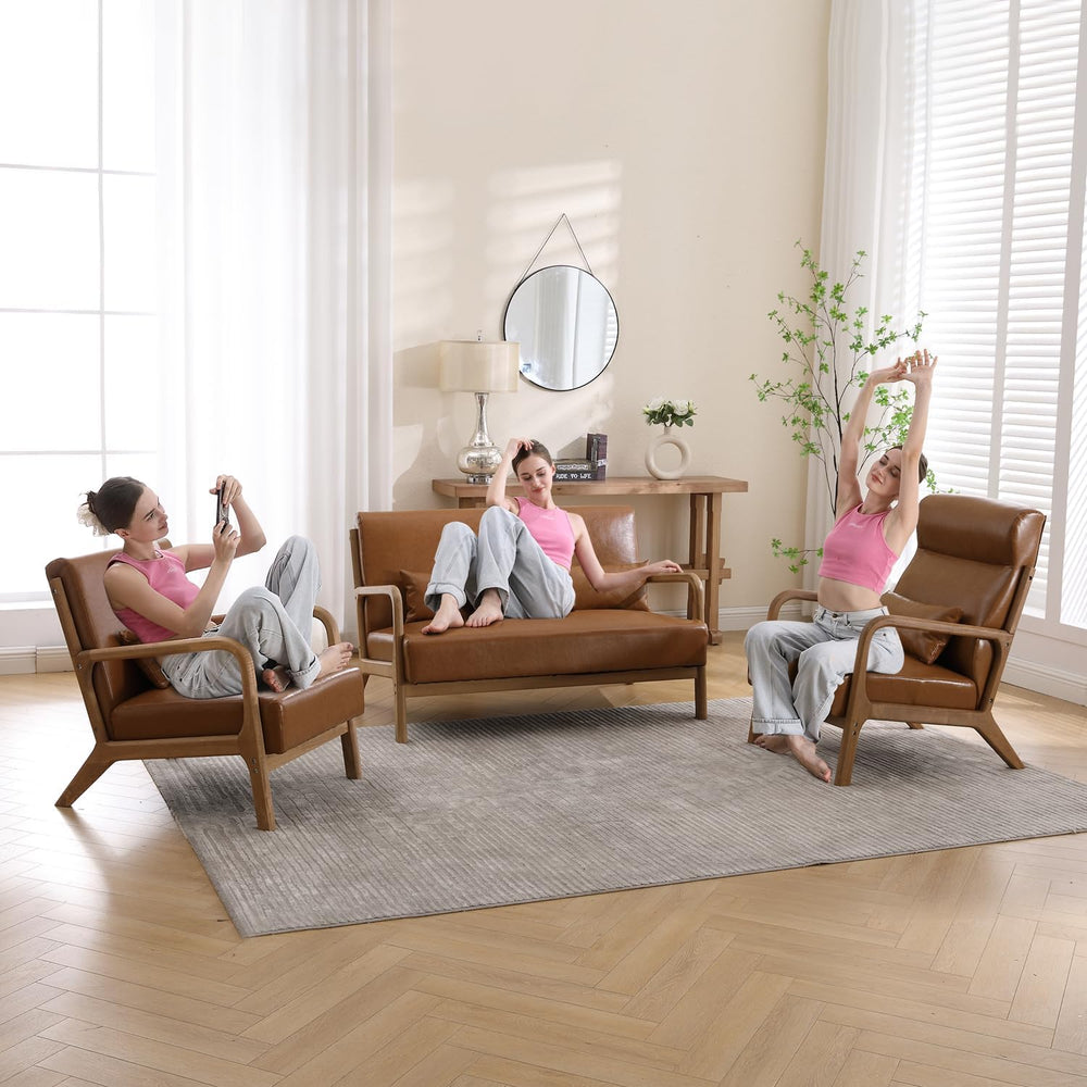 INZOY Mid-Century Modern Accent Chair Set of 2, PU Leather Reading Armchair w...