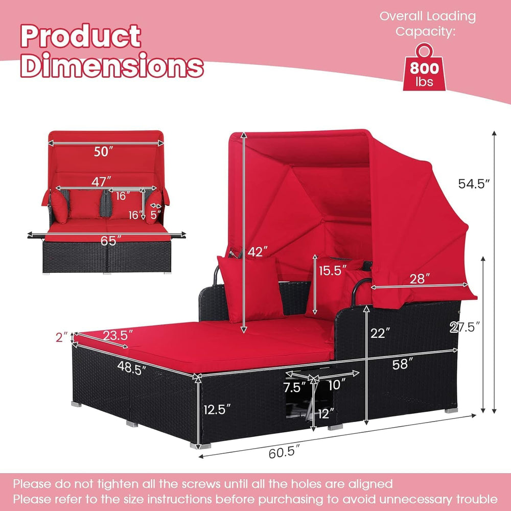 DREAMADE Outdoor Daybed with Canopy, 2 Person Rattan Patio Sunbed, Red