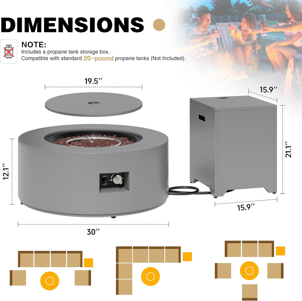 Vongrasig Outdoor Propane Fire Pit, 30" Round Fire Table with Lid, Grey