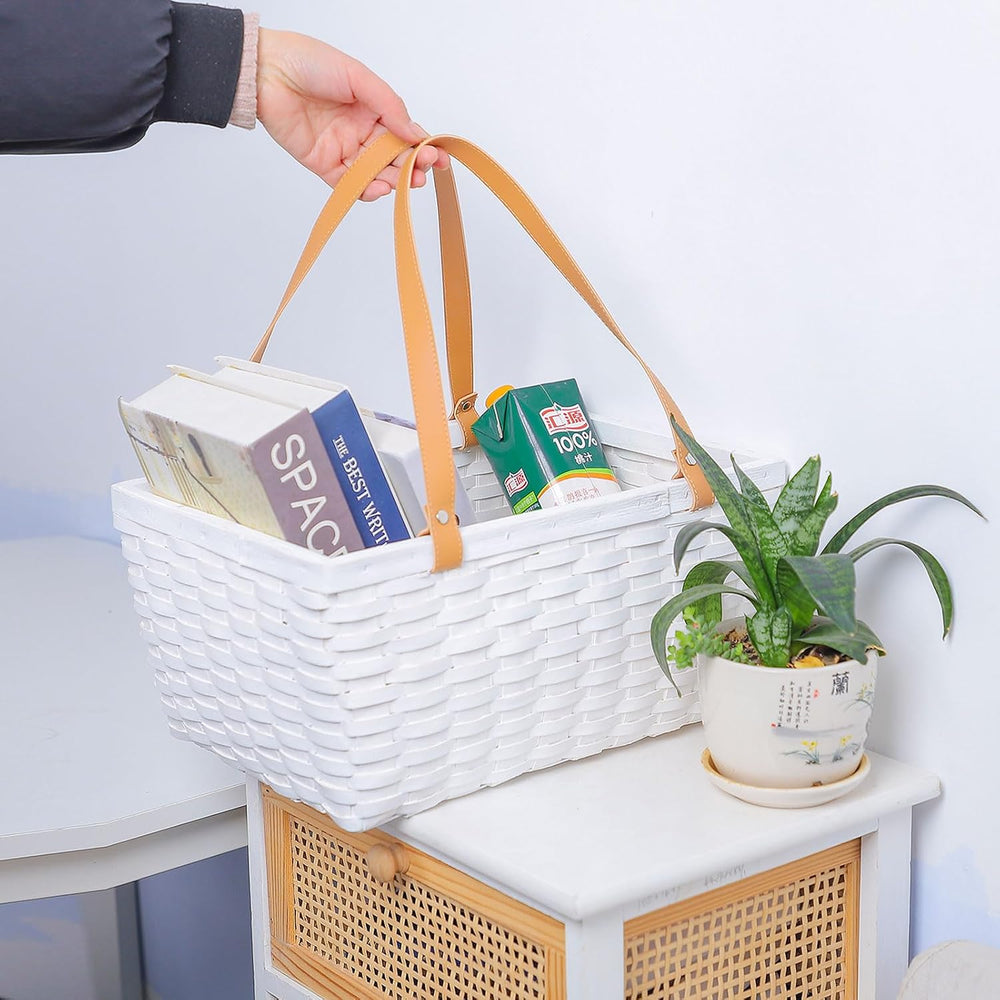 White Wicker Picnic Storage Basket with Leather Handles, Large