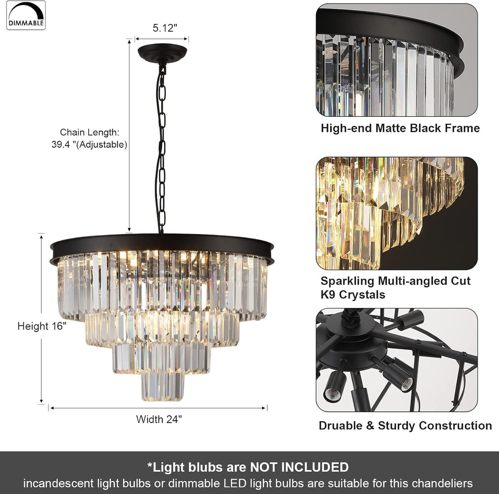Modern Crystal Chandelier 24" Black Pendant Light Fixture for Living Room
