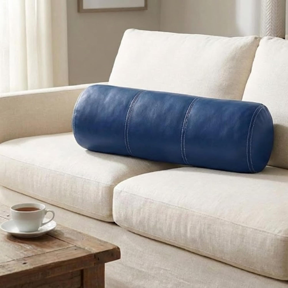 Genuine Leather Bolster Cylinder Pillow Cover Case for Lumbar Throw Couch Pil...