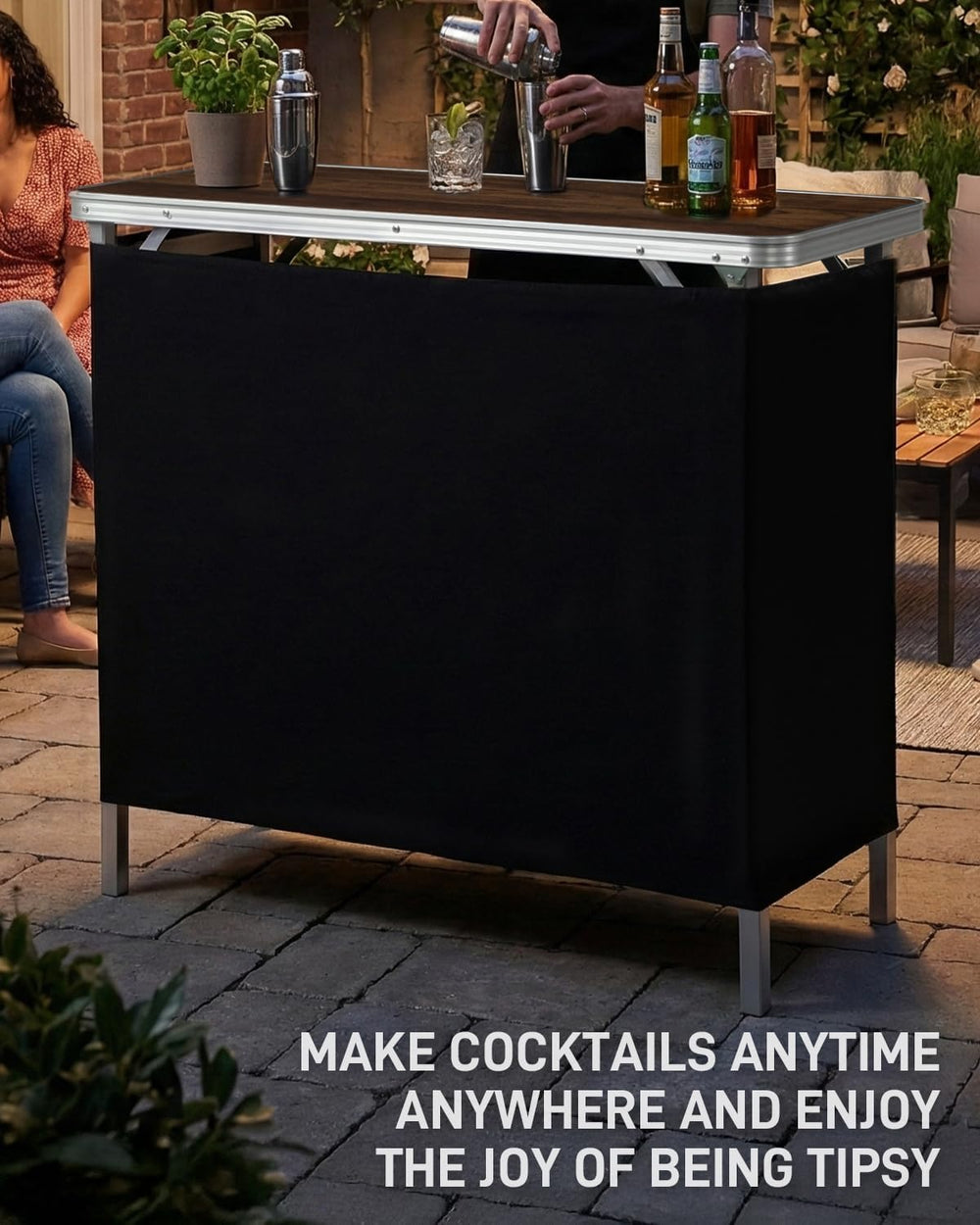 Outvita Portable Bar Table with 2 Tier Shelves & Black Skirt for Party