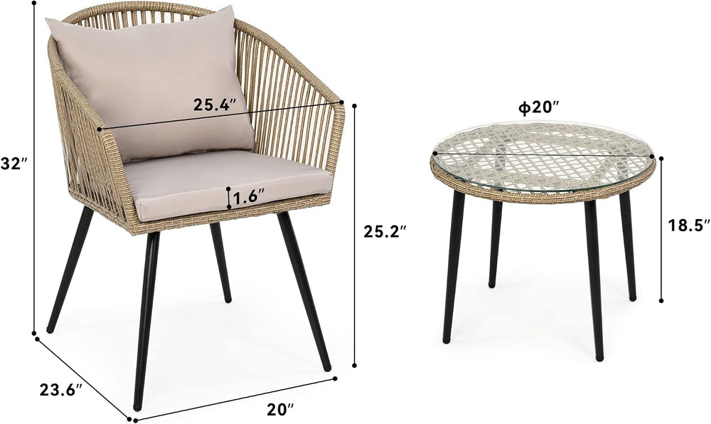 YITAHOME 3-Piece Wicker Small Patio Balcony Chair Set, Outdoor Rattan Convers...