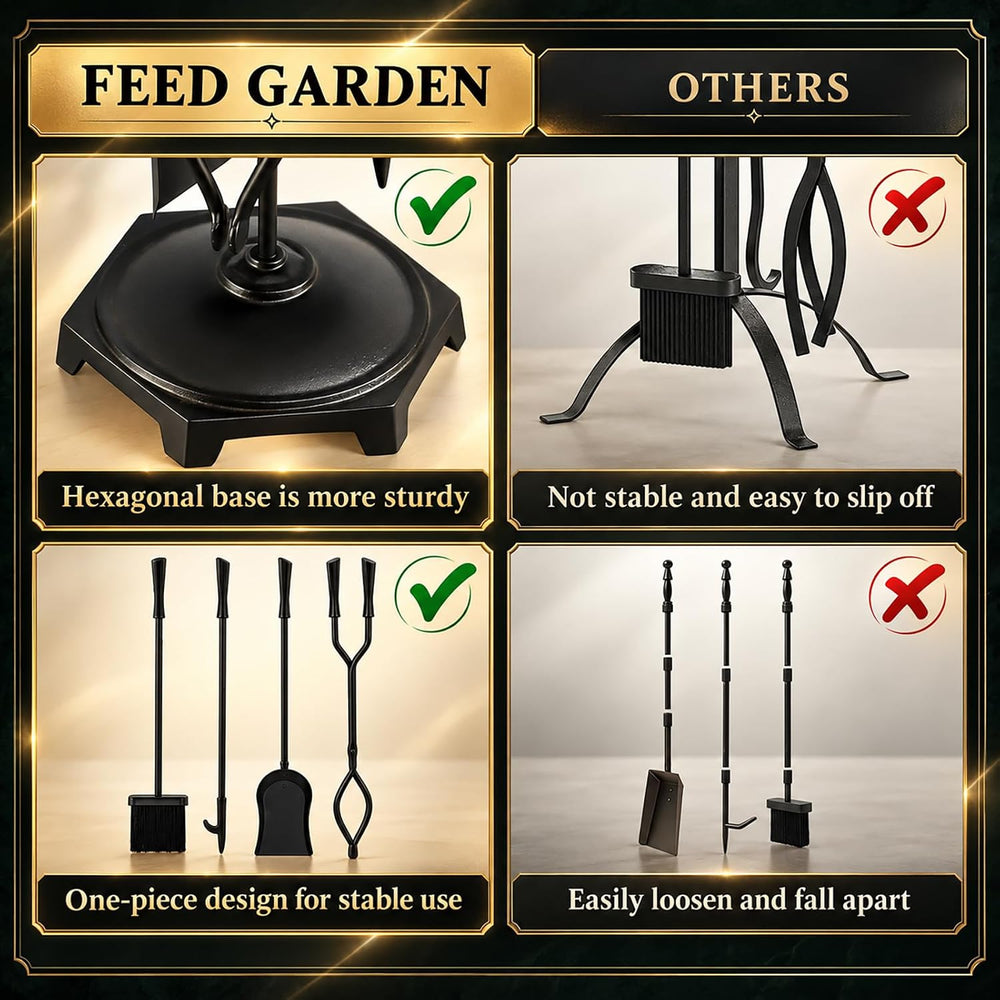 FEED GARDEN 5-Piece Fireplace Tools Set with Stand, Heavy Duty Wrought Iron