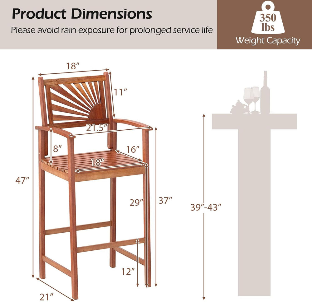 COSTWAY 29'' Outdoor Acacia Wood Bar Chairs Set of 4 with Back and Ar...