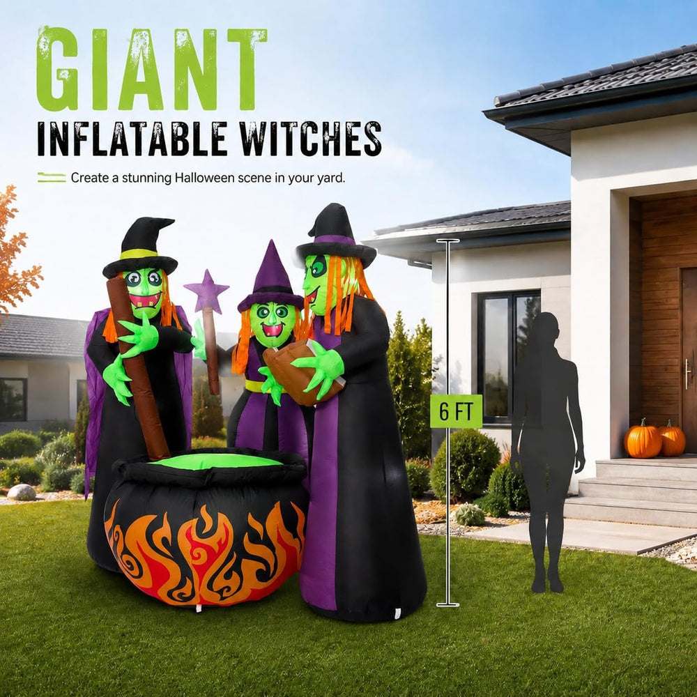 6 FT Halloween Inflatables 3 Witches Around Cauldron Outdoor Decorations, Sca...