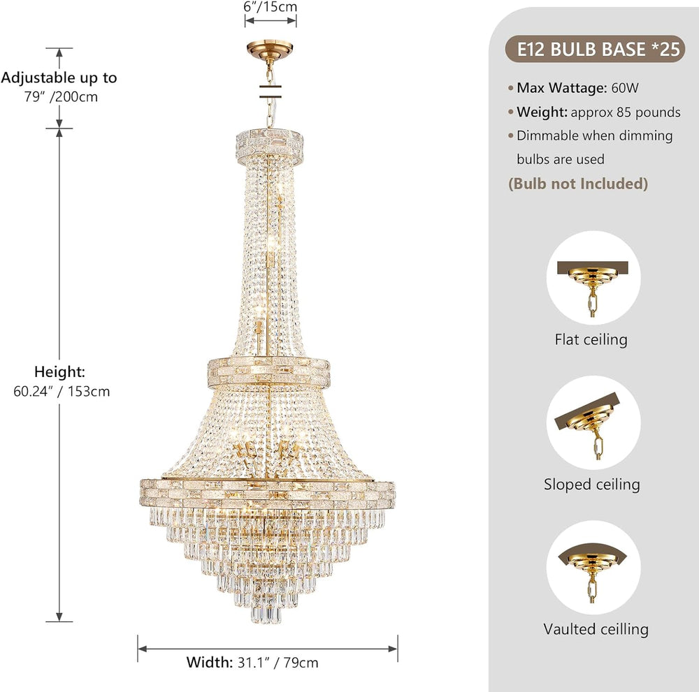 25-Light Gold Crystal Chandelier, 3-Layer High Ceiling Hanging Chandeliers Mo...