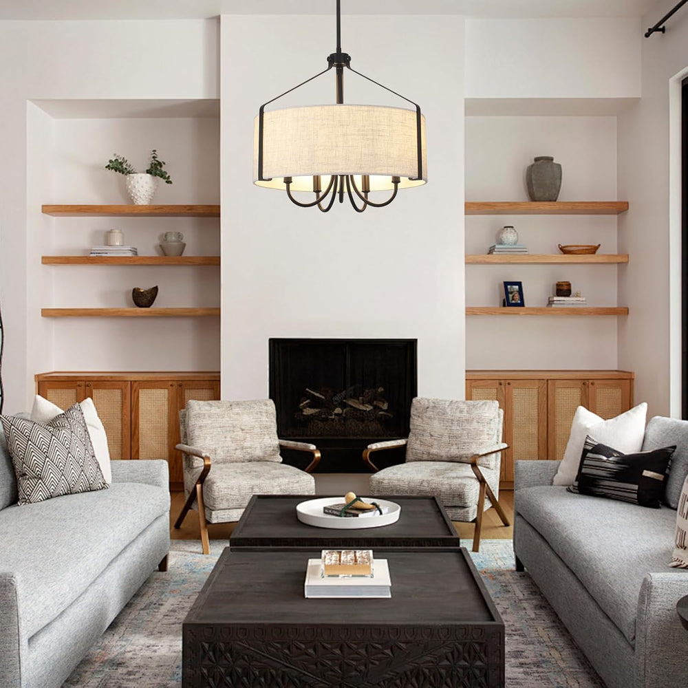 Farmhouse Chandelier for Dining Room, 5-Light Drum Chandelier with Black Meta...
