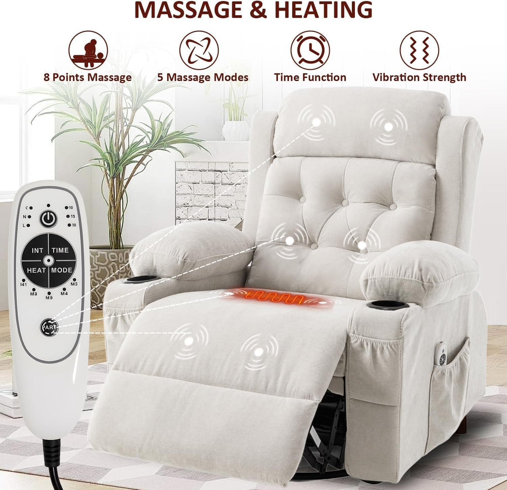 Rocker Recliner Chair with Massage and Heat, White