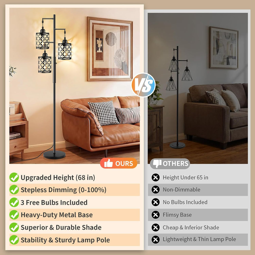 68" Industrial Tree Floor Lamp, Dimmable Farmhouse Tall Standing Lamp wi...