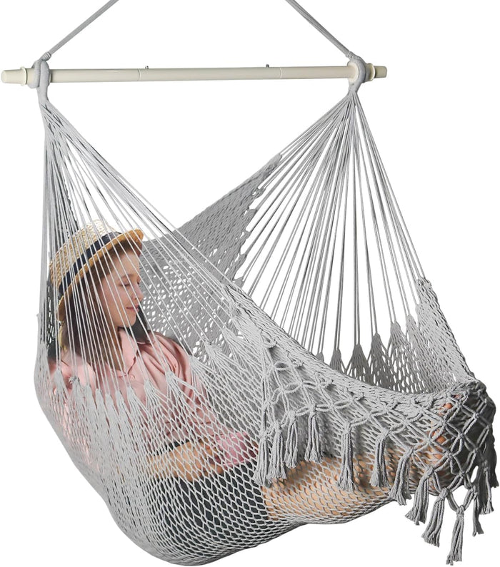 Handwoven Cotton Rope Hammock Chair with Metal Spreader Bar, Boho Hanging Chair Bedroom, Indoor Outdoor Swing Chair with Tassle, MistyMorning Gray