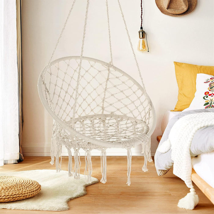 Garpans Hammock Chair Macrame Swing Set of 2 Bohemian Style Hammock Swing Chair with Tassels Hanging Swing Chair Handmade Knitted Cotton Rope for Indoor Outdoor Bedroom Patio Max 330 Lbs Beige