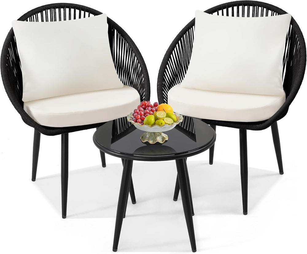 wildformers 3-Piece Bistro Set, Woven Rope Chair with Cushions, Black